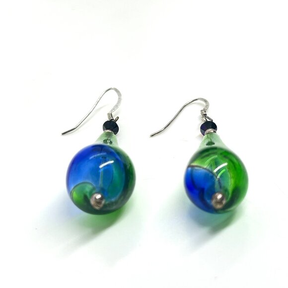 GREEN BLUE ART GLASS DROP EARRINGS STERLING 925 HOOKS HANDMADE MURANO STYLE - Picture 9 of 15